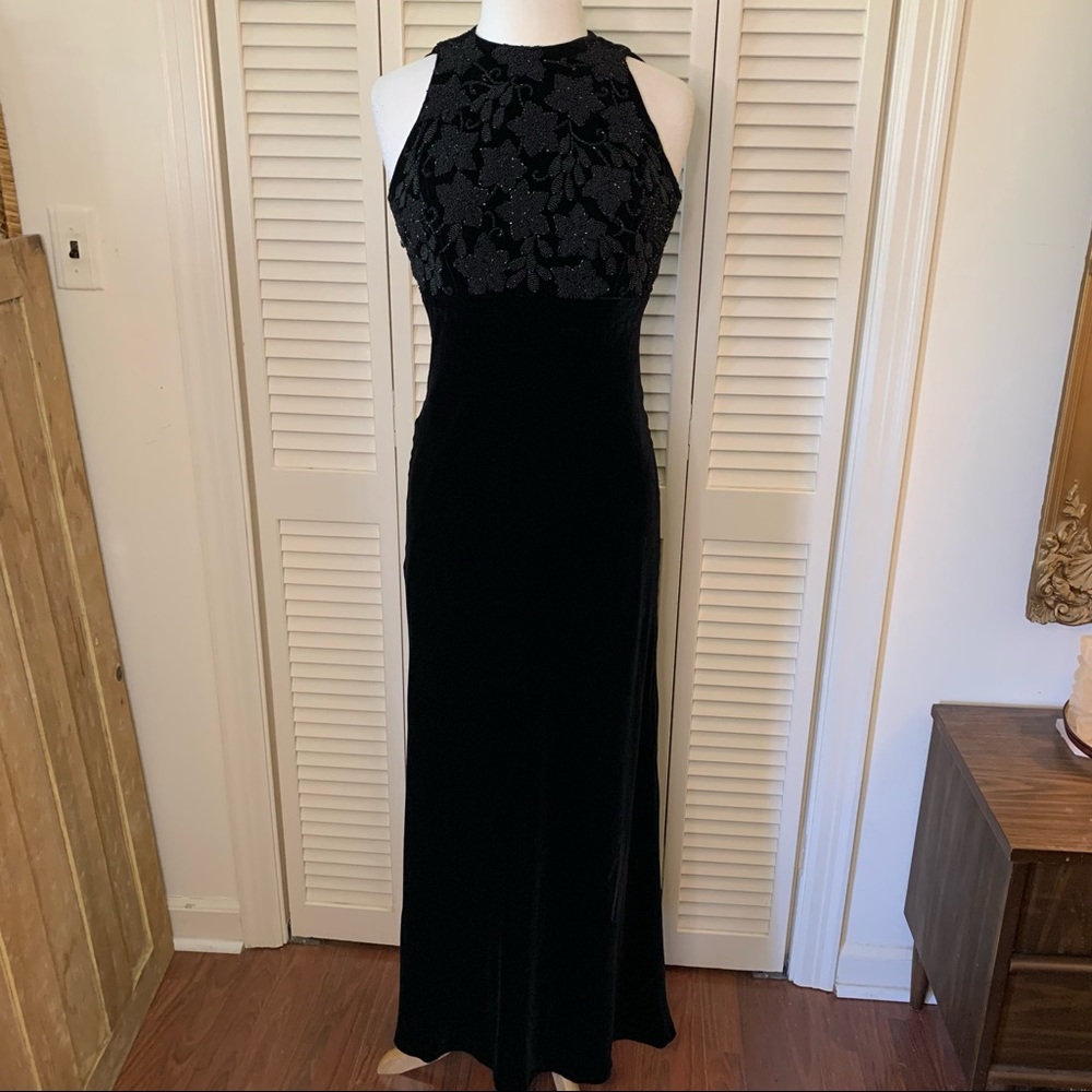 Vintage Carmen Marc Valvo black velvet dress with beaded bodice